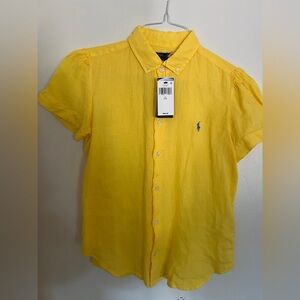 NWT SZ L Ralph Lauren 100% linen Lemon Yellow Button-Down Short Sleeve Shirt